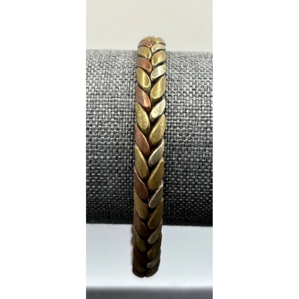 Vintage Boho Mixed Metal Braided Cuff Bracelet Brass Copper Silver Tone 7.5"